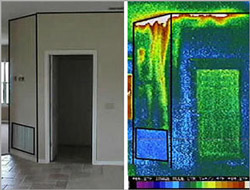 Thermography showing heat loss in poorly insulated building